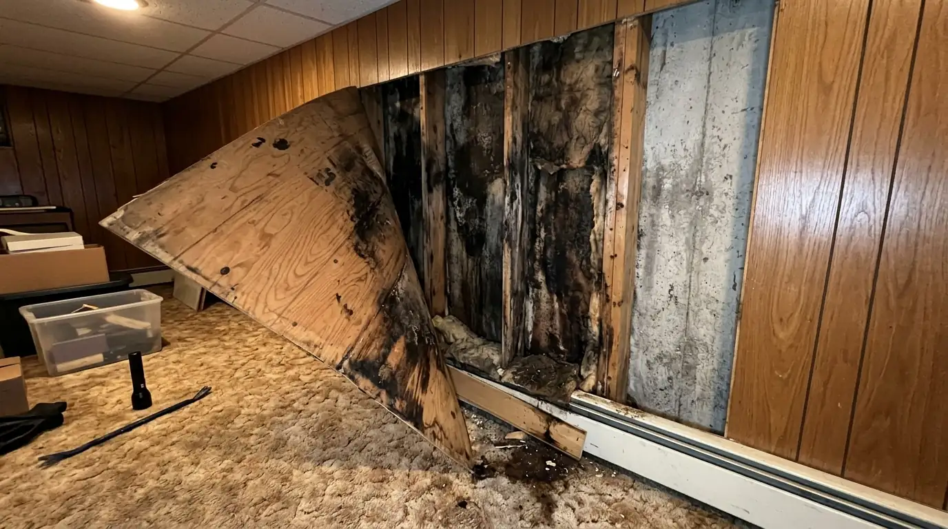 Finished basement paneling pulled back to check for mold in Clifton, NJ