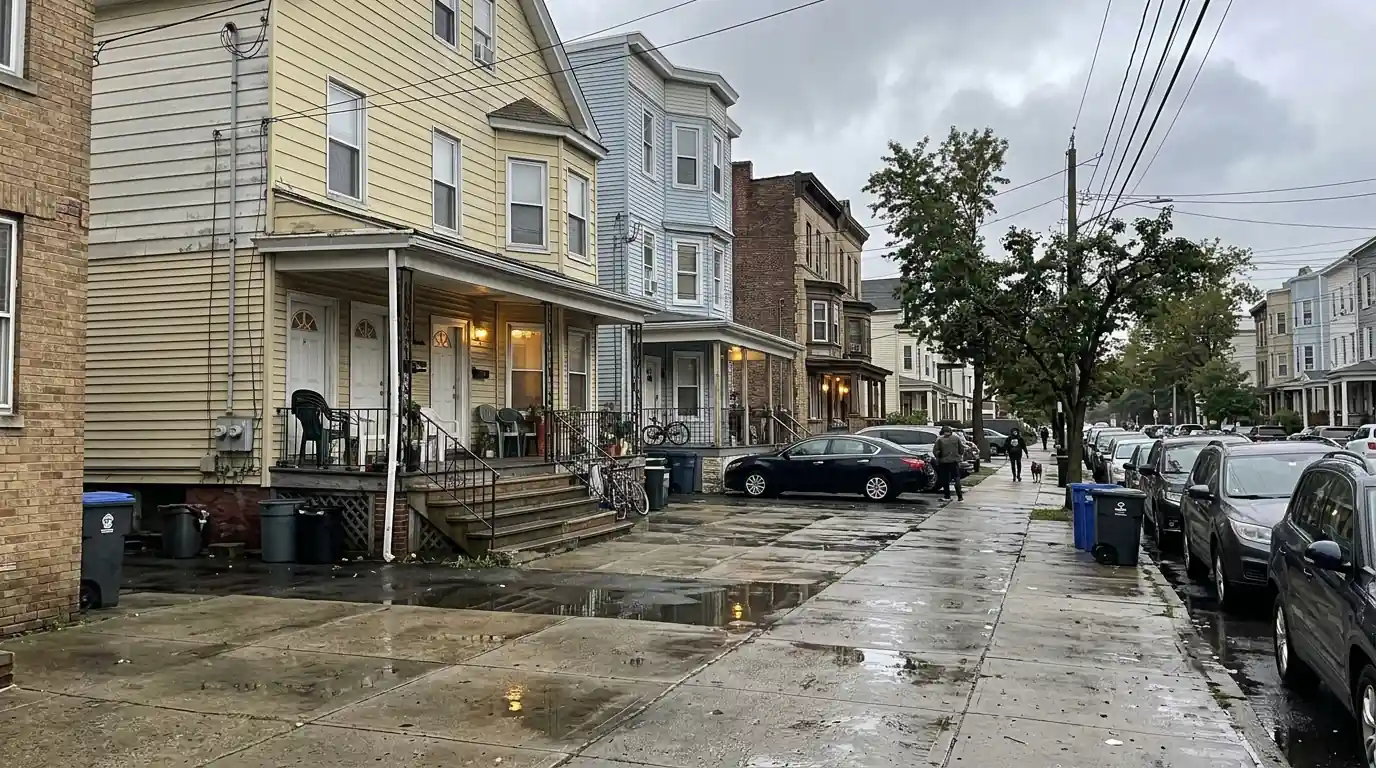 Older multi-family houses on a wet Newark street in Essex County, NJ