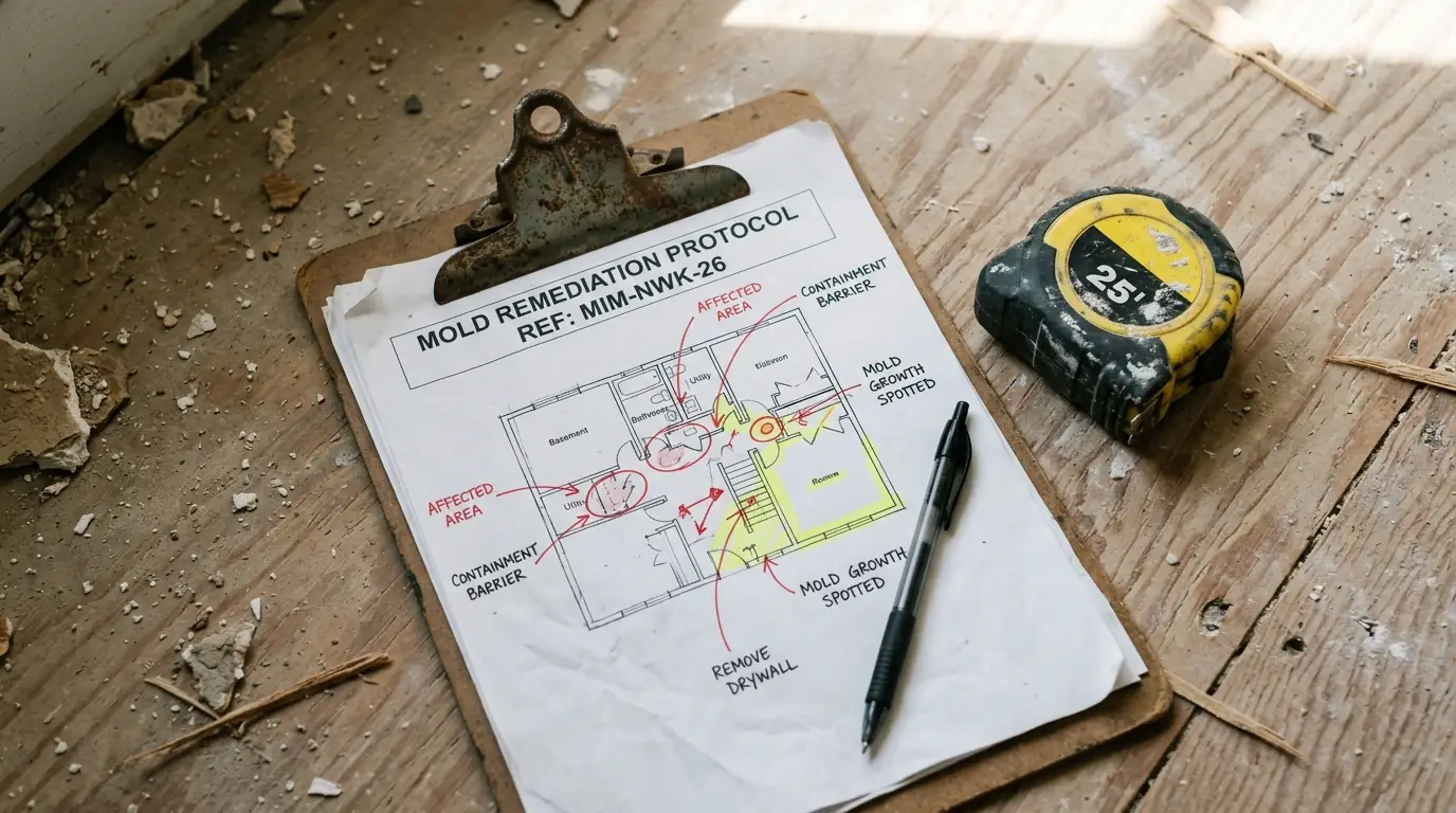Written mold remediation protocol with a marked floor plan for a Newark job