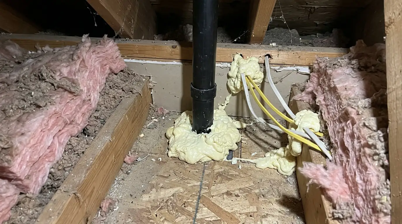Attic air leaks around a plumbing stack being sealed in Newark