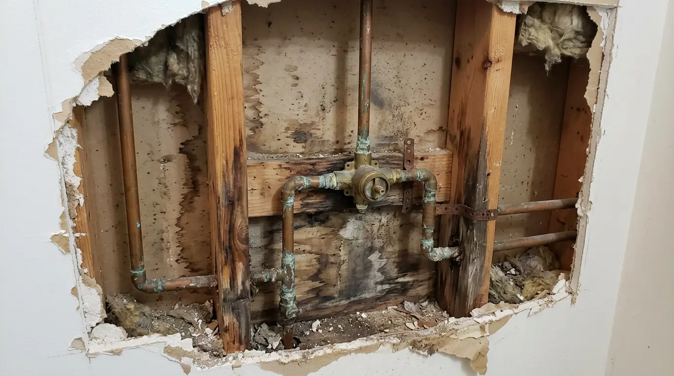Plumbing wall opened behind a shower in Newark, NJ