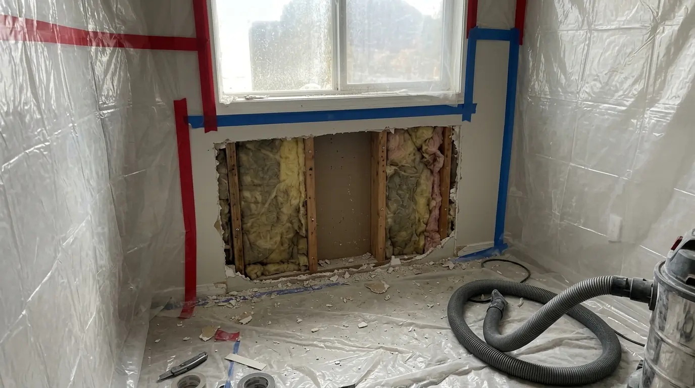 Moldy drywall cut out under containment below a window in a Newark, NJ home