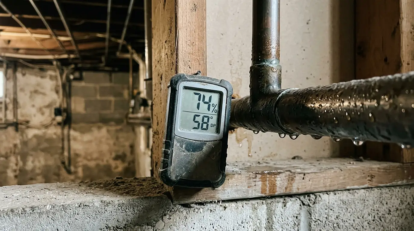 Humidity and dew point readings beside a sweating pipe in a Newark basement