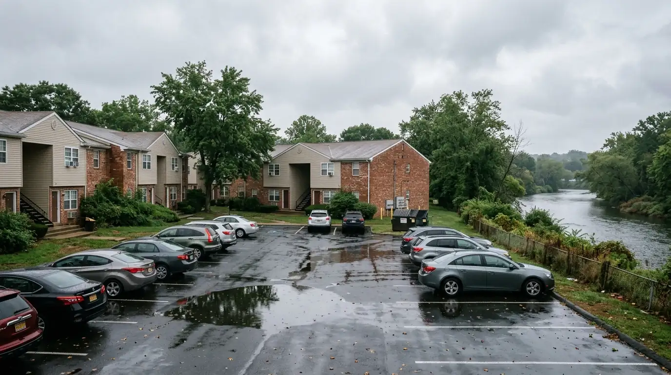 Riverside apartment buildings in Middlesex County, NJ after heavy rain