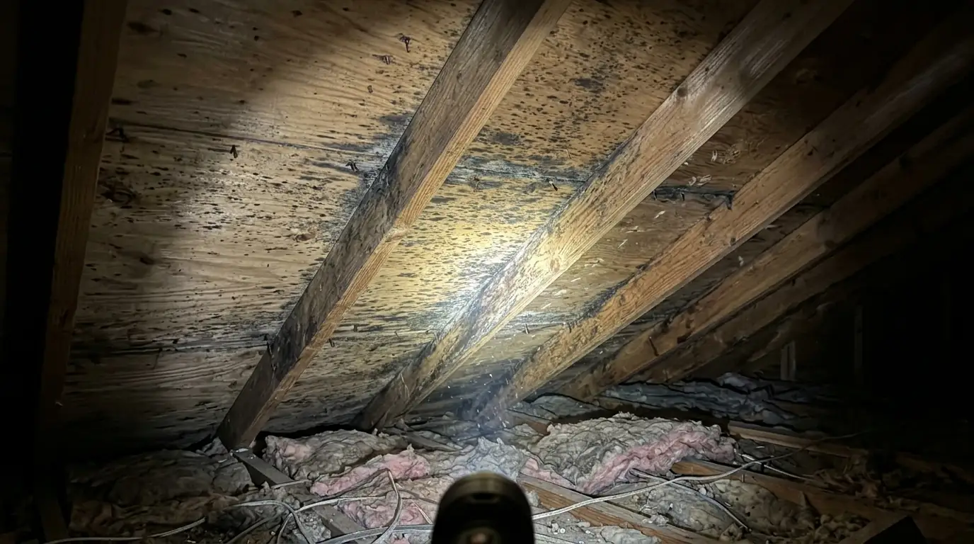 Dark mold spotting on attic roof sheathing found during a Newark home inspection