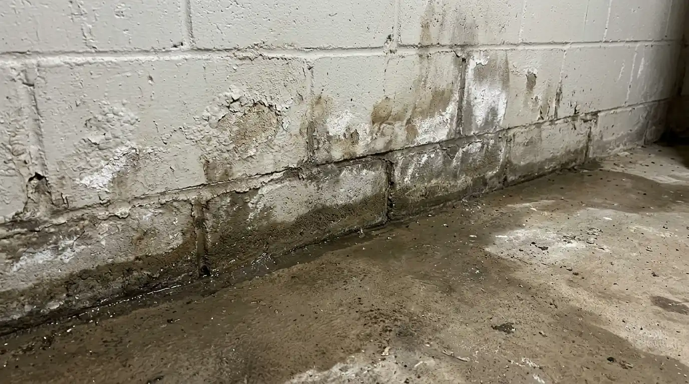 Stormwater seeping through a block basement wall in a Newark home