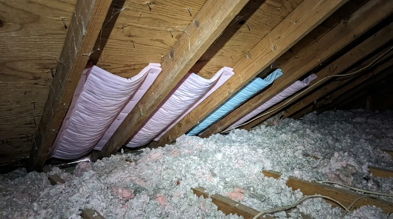 Soffit baffles installed at the eaves of a Newark attic