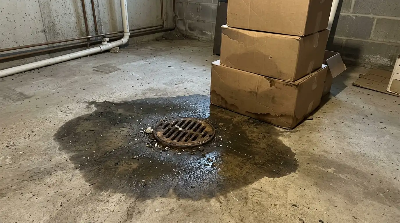 Sewage backup around a basement floor drain in a Newark home
