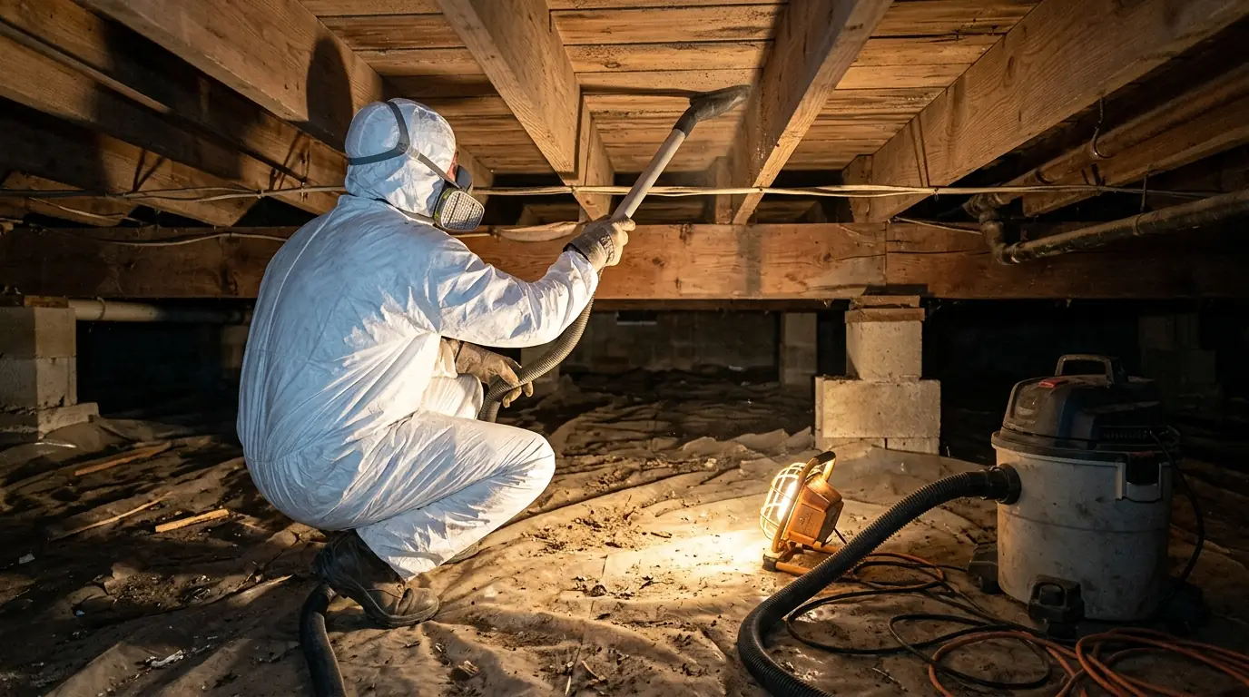 Crawl space joists being cleaned of mold under a home near Newark, NJ
