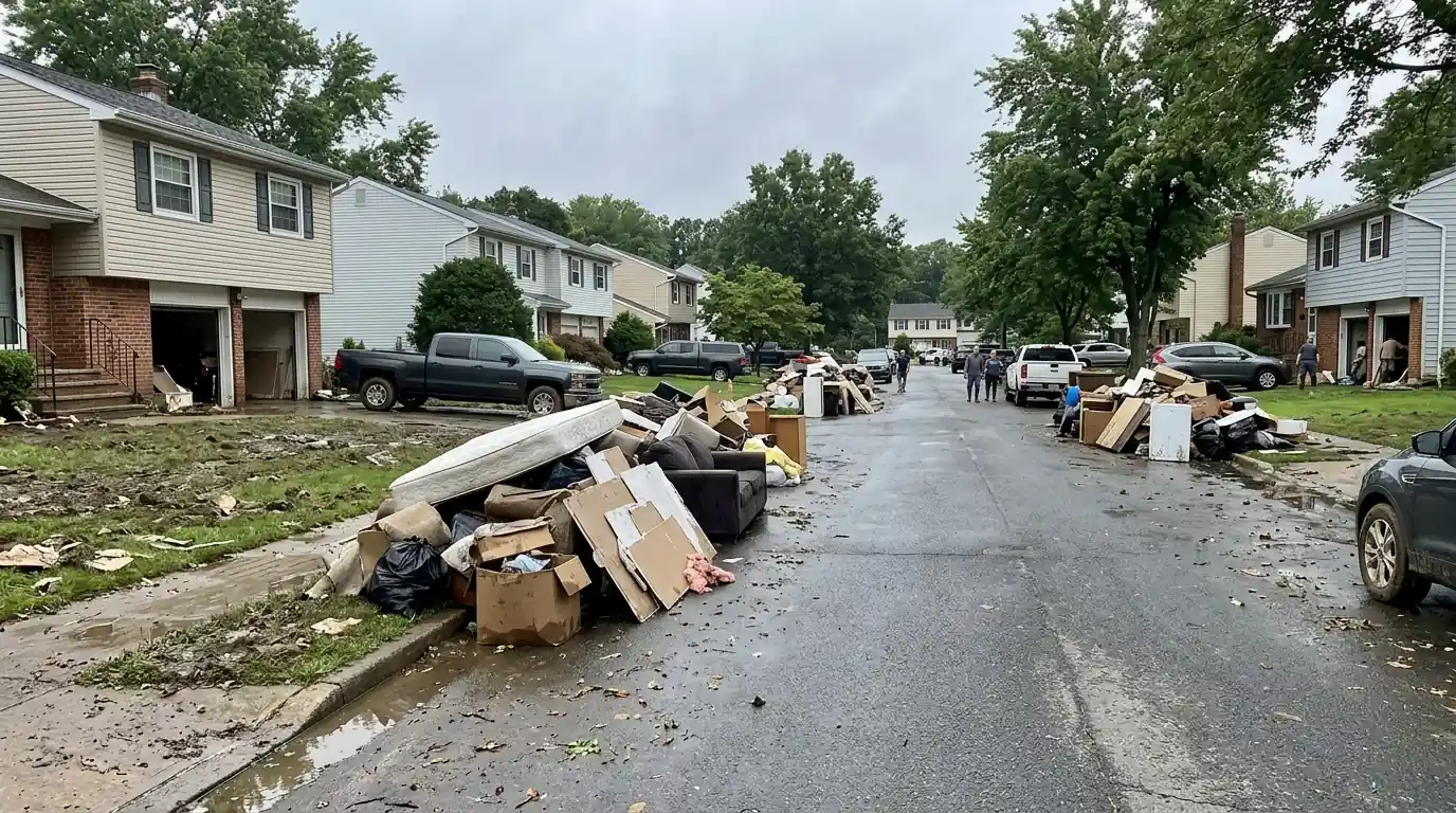 Flood debris at the curb on a Union County, NJ street