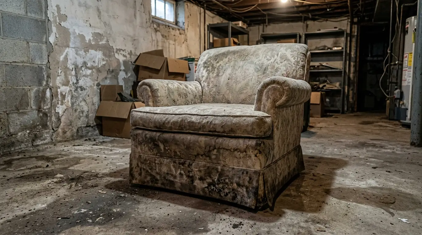 Water-stained upholstered chair checked for mold in a Newark basement