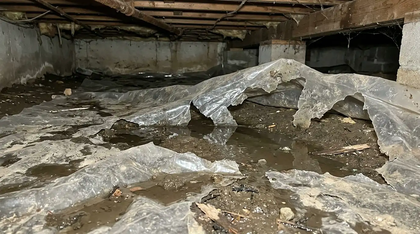 Torn old vapor barrier on the ground in a crawl space