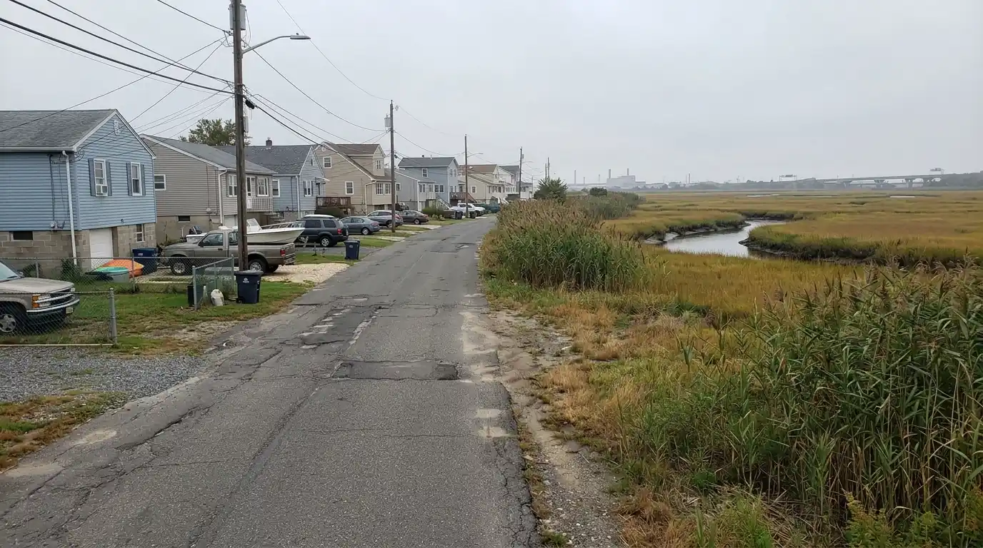Low-lying homes near the Hackensack River marsh in Bergen County, NJ