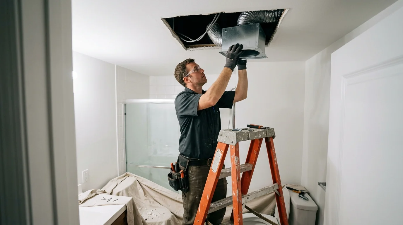 New bathroom exhaust fan being installed in a Newark, NJ bathroom ceiling