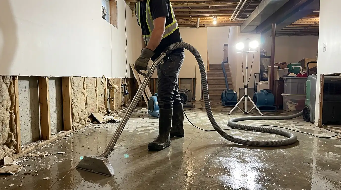 Standing water being extracted from a flooded basement in Newark, NJ