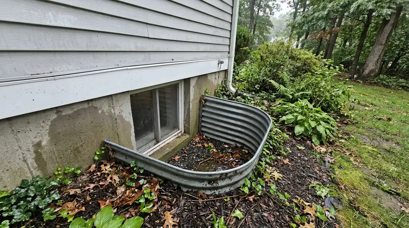 Suburban home with a basement window well in Morris County, NJ
