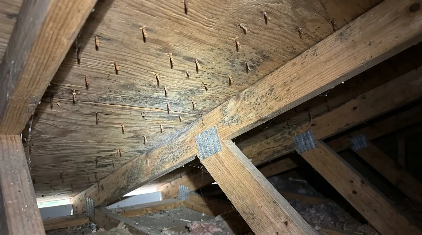 Mold on attic trusses and rusty roofing nail tips in a Newark attic
