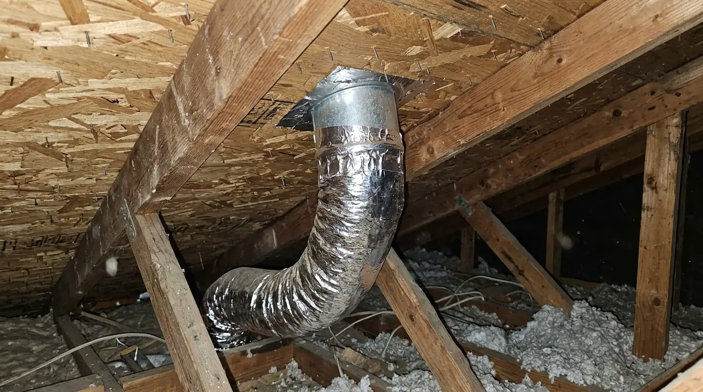 Bath fan duct rerouted to a roof cap in a Newark attic