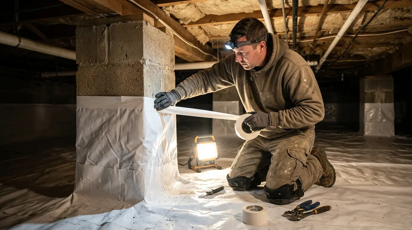 Crawl space liner seams being taped around a pier near Newark