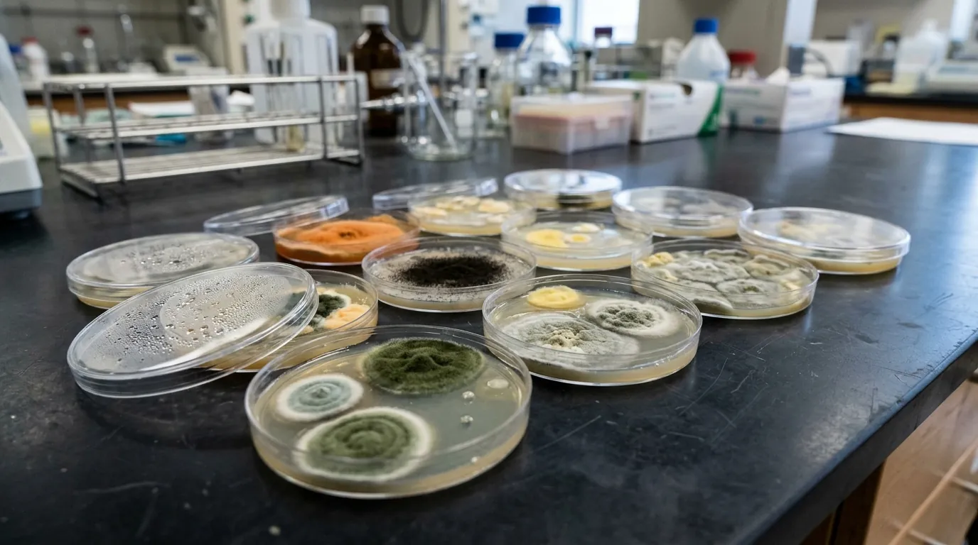 Mold culture dishes used to identify species from a Newark sample