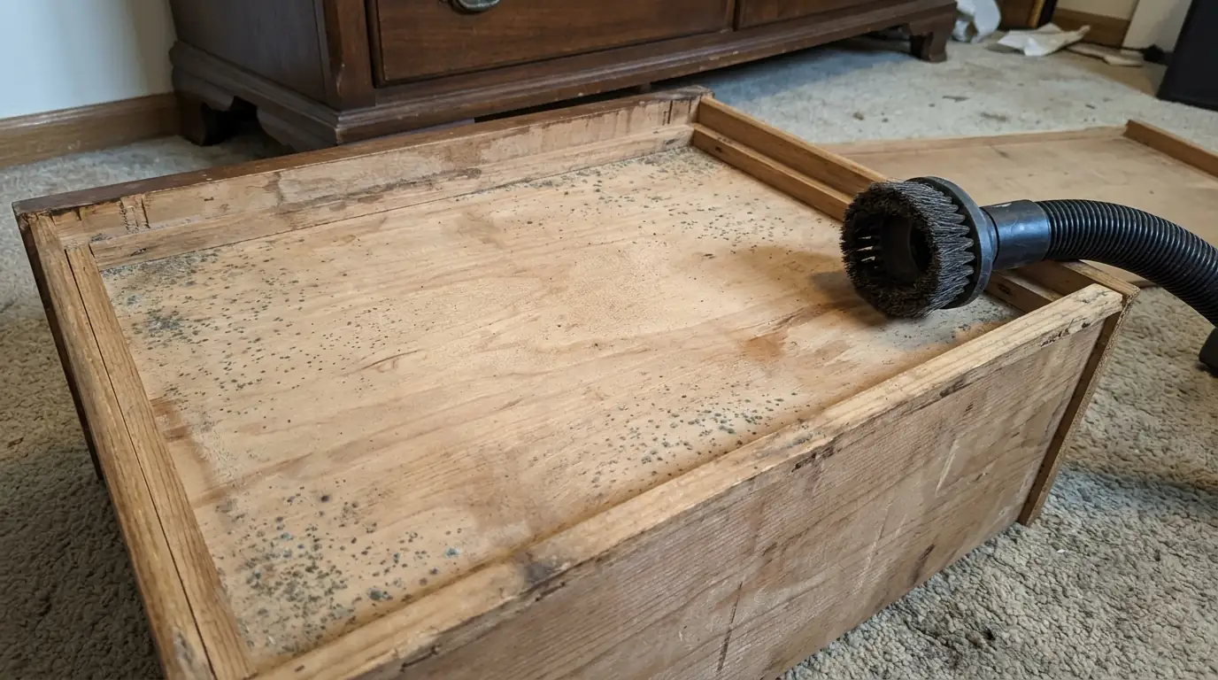Mold on the underside of a wooden drawer before cleaning in Newark