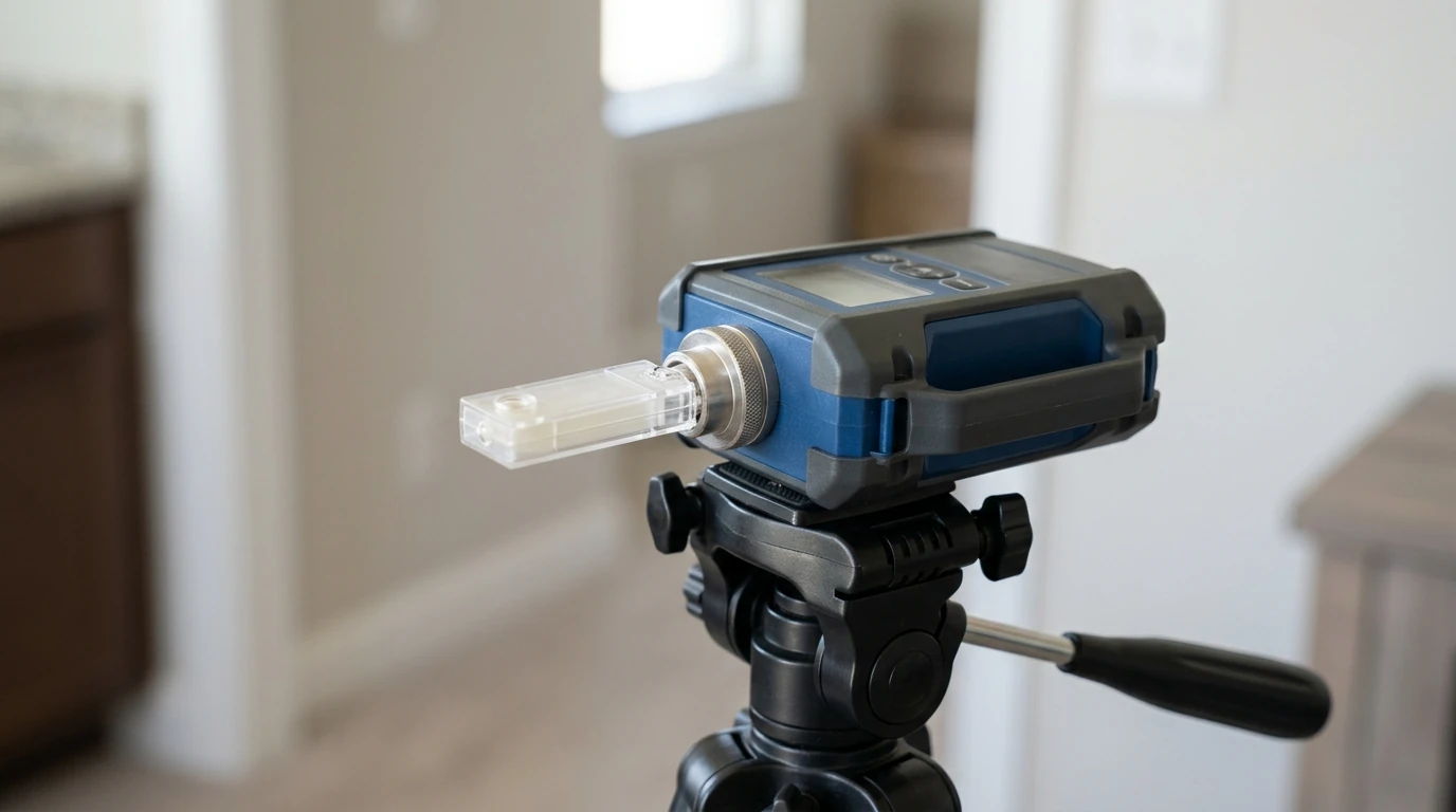 Spore trap cassette on an air sampling pump during testing in Newark