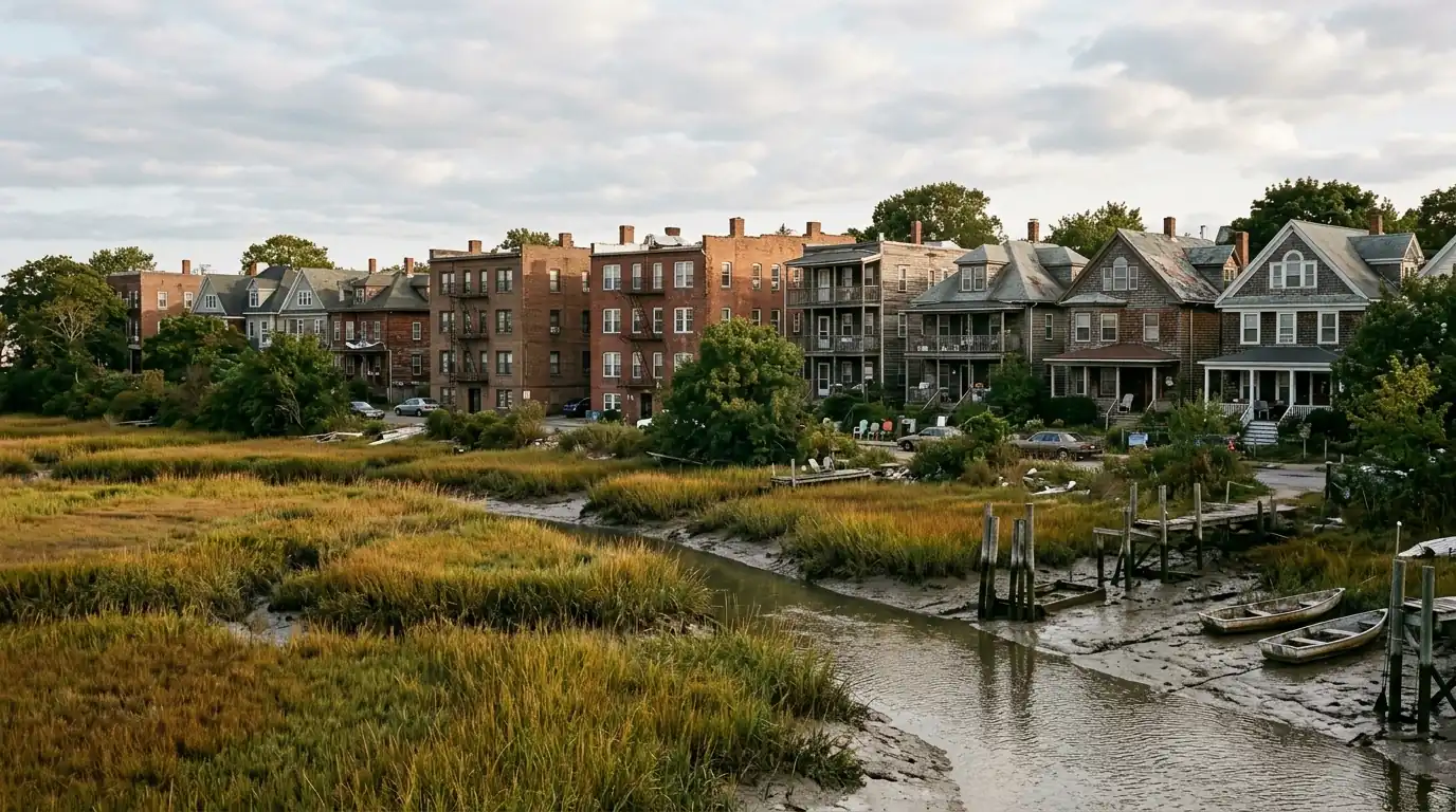 Riverside buildings near the Hackensack River in Hackensack, NJ
