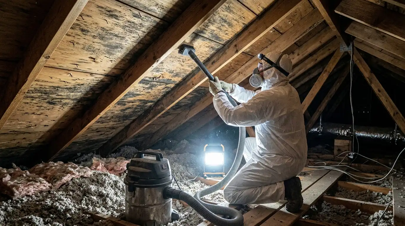 Technician cleaning mold from attic roof sheathing in a Newark, NJ home