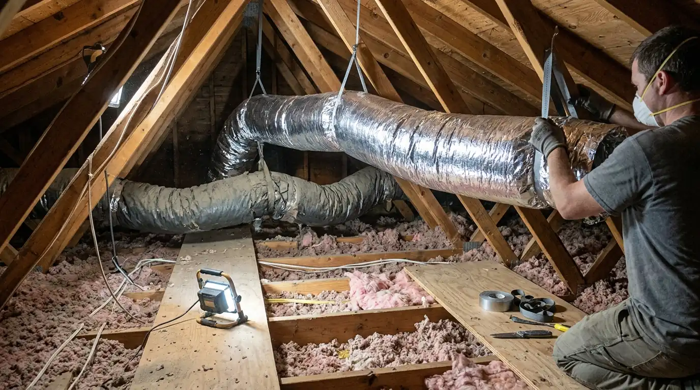 Moldy flex duct being replaced in an attic near Newark