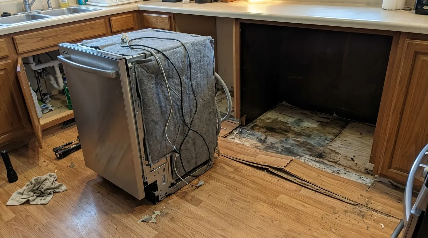 Water-damaged subfloor behind a pulled dishwasher in Newark