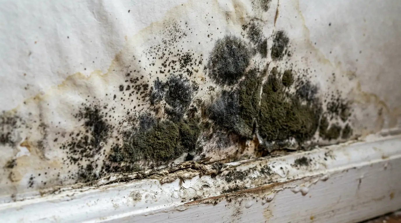Dark mold growth on drywall sampled for black mold testing in Newark, NJ
