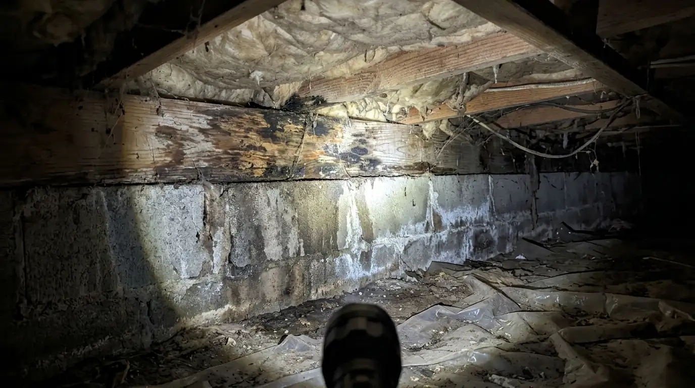 Sill plate checked for mold and rot in a crawl space