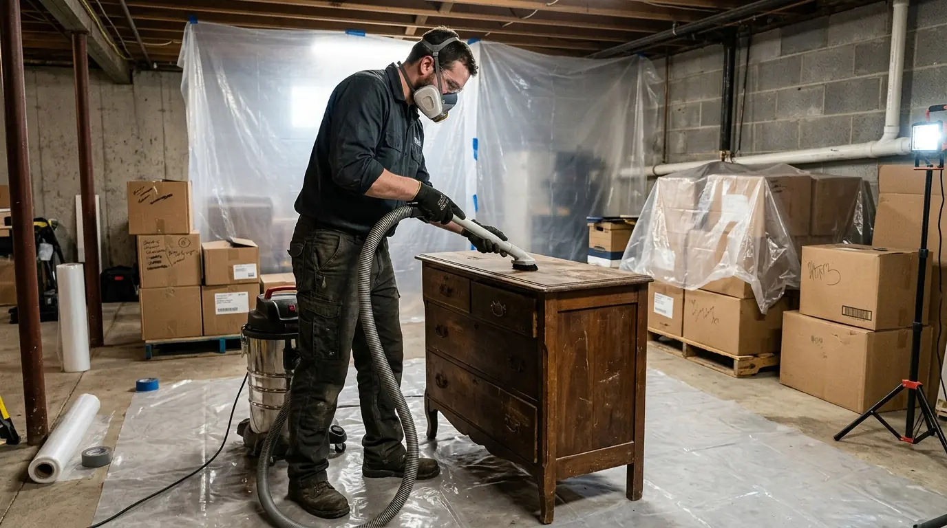 Wood furniture being HEPA cleaned during contents mold cleaning in Newark, NJ