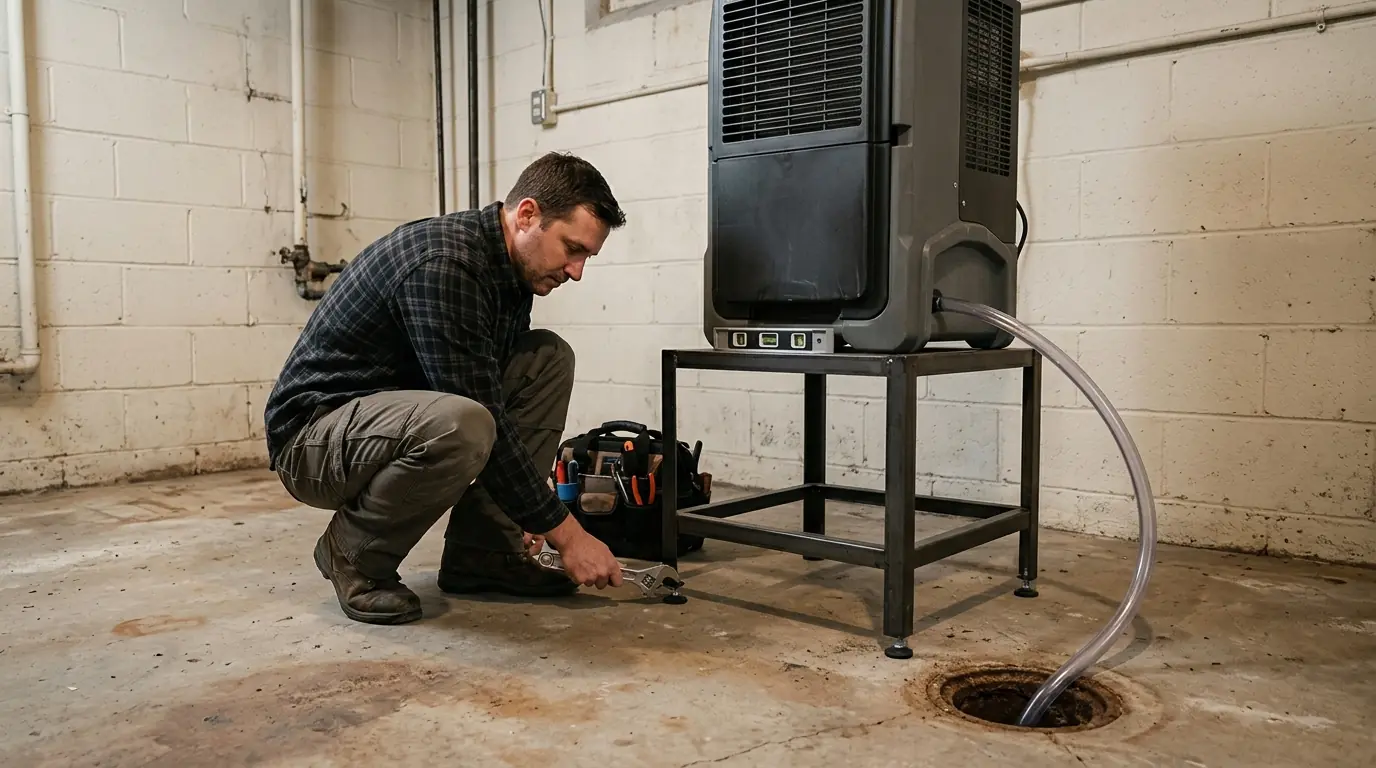 Basement dehumidifier being installed with a drain line in a Newark, NJ home