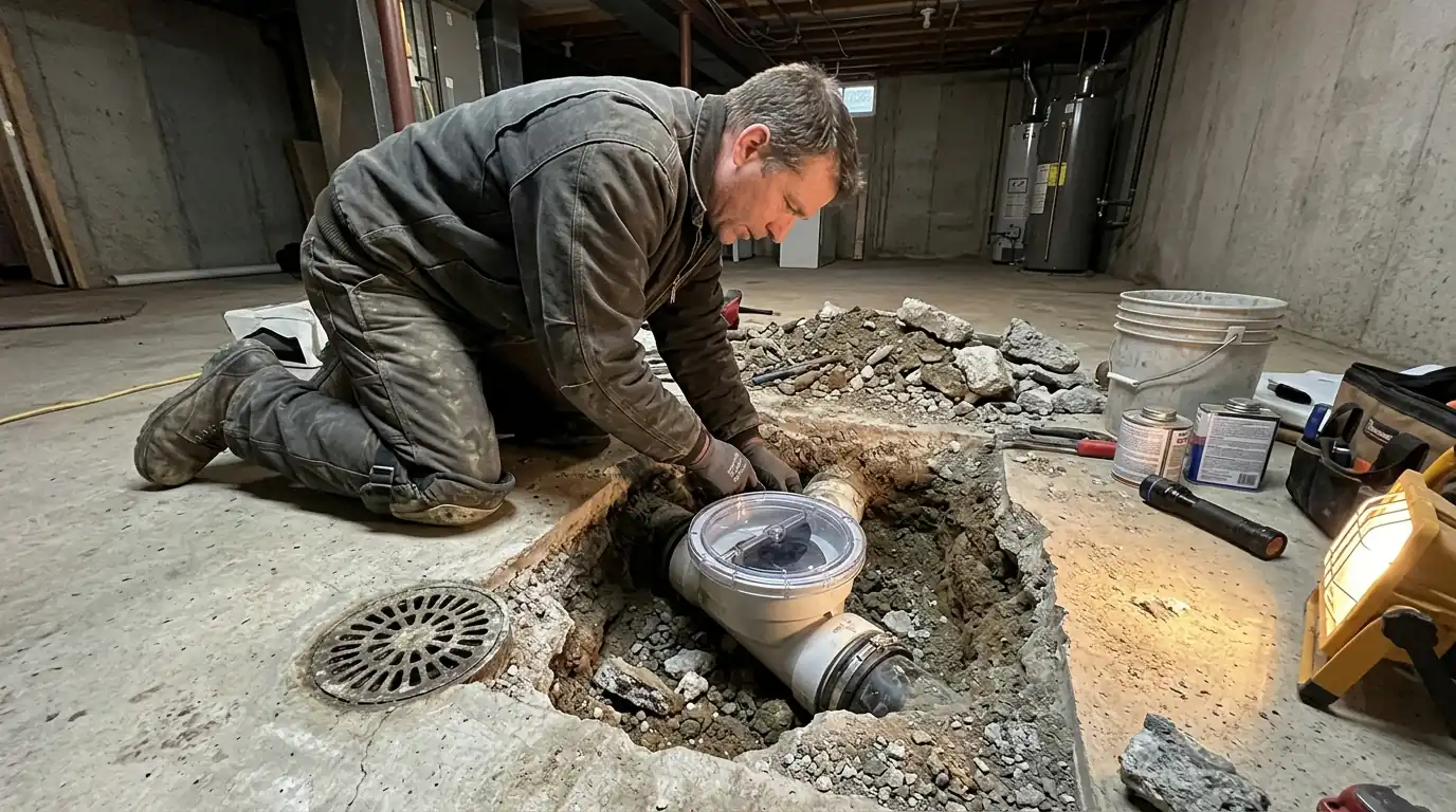 Backwater valve being installed in a basement floor in Newark, NJ