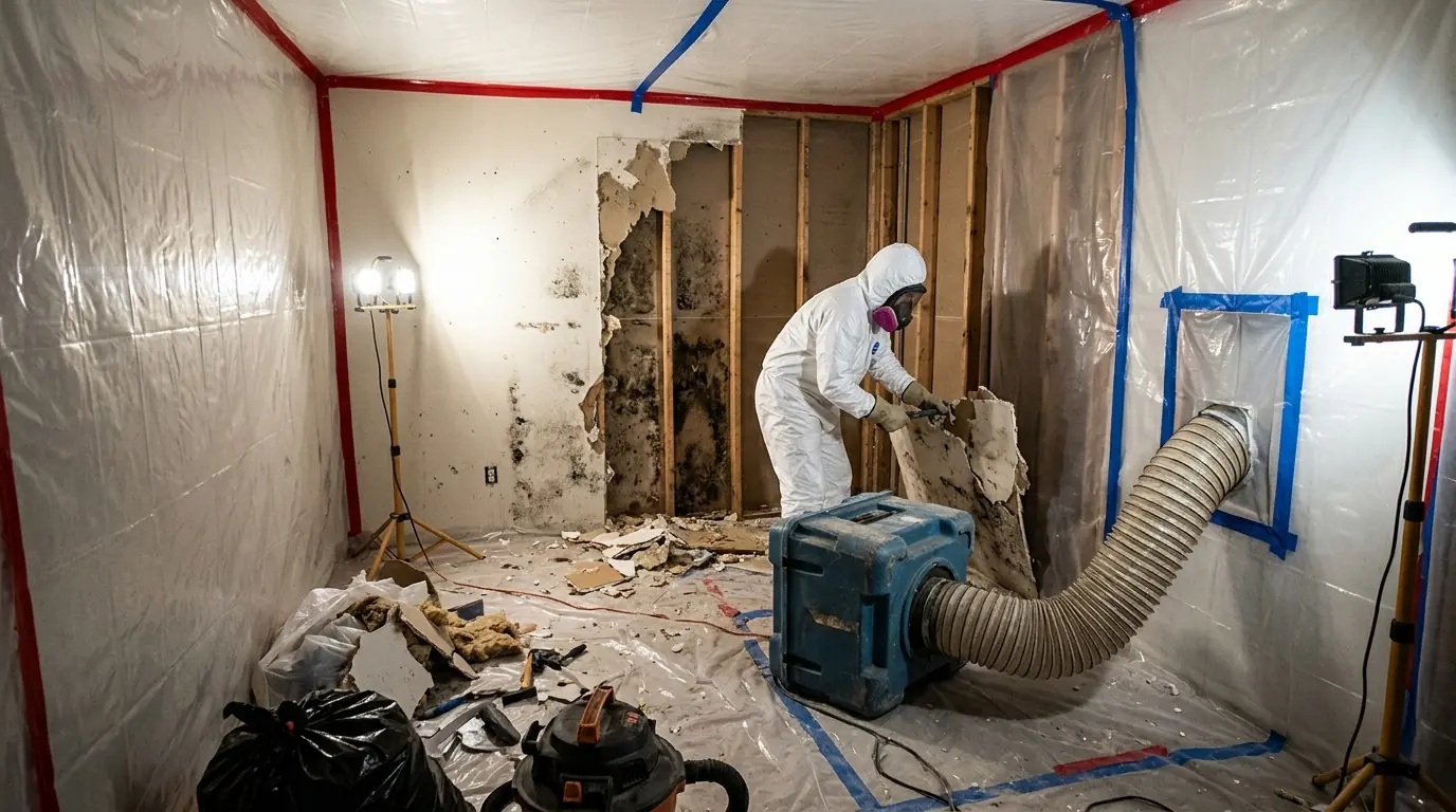 Contained mold remediation in progress in a Newark, NJ home