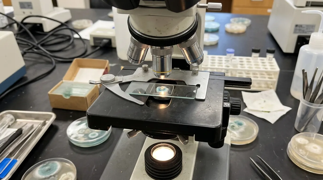 Mold sample examined under a microscope for Stachybotrys identification