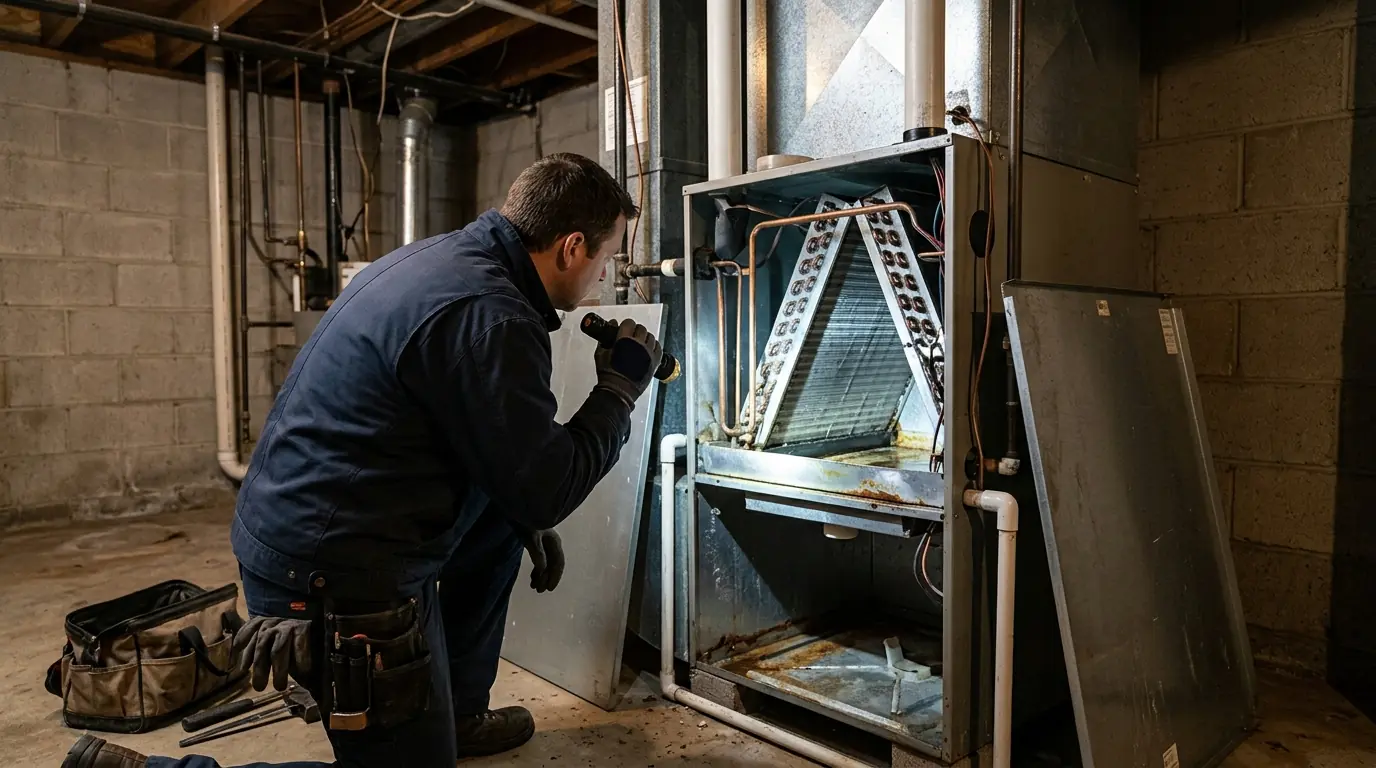 Technician inspecting an air handler coil and drain pan for mold in Newark, NJ