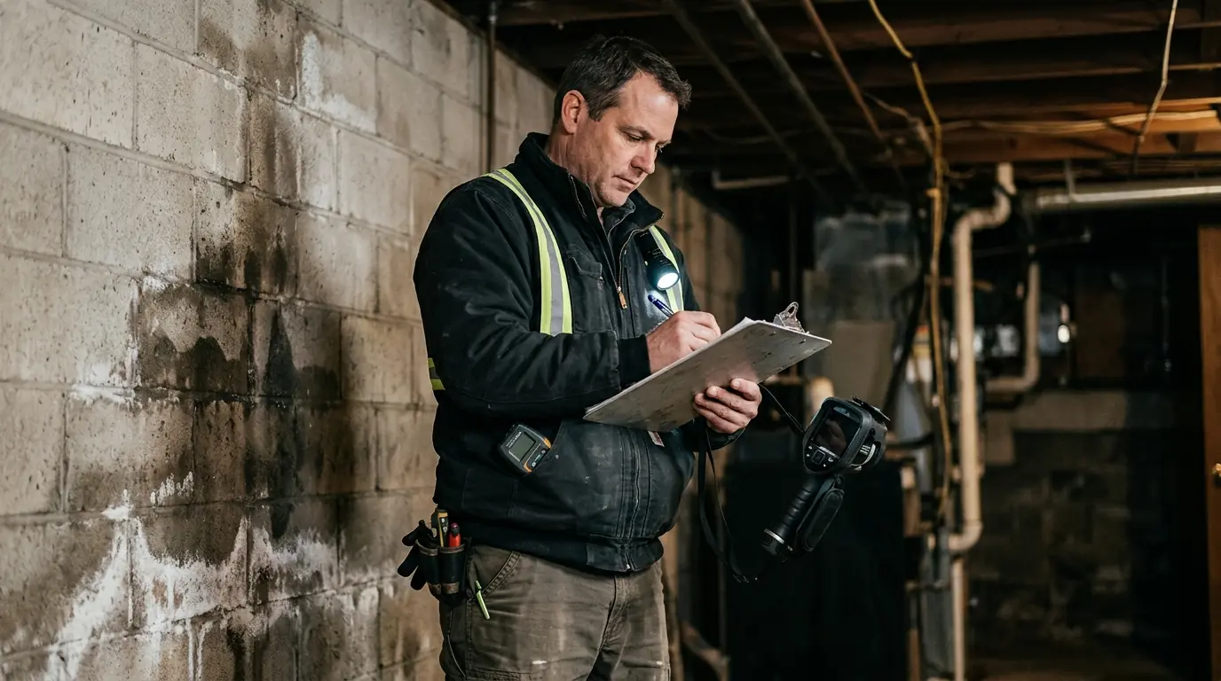 Mold inspector recording moisture readings in a Newark, NJ basement