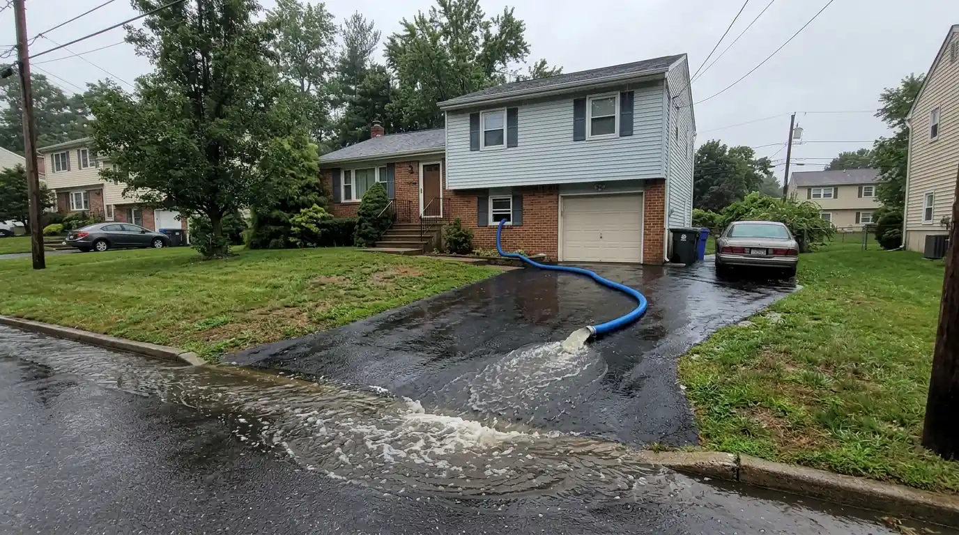 Basement water being pumped out of a suburban Edison, NJ home