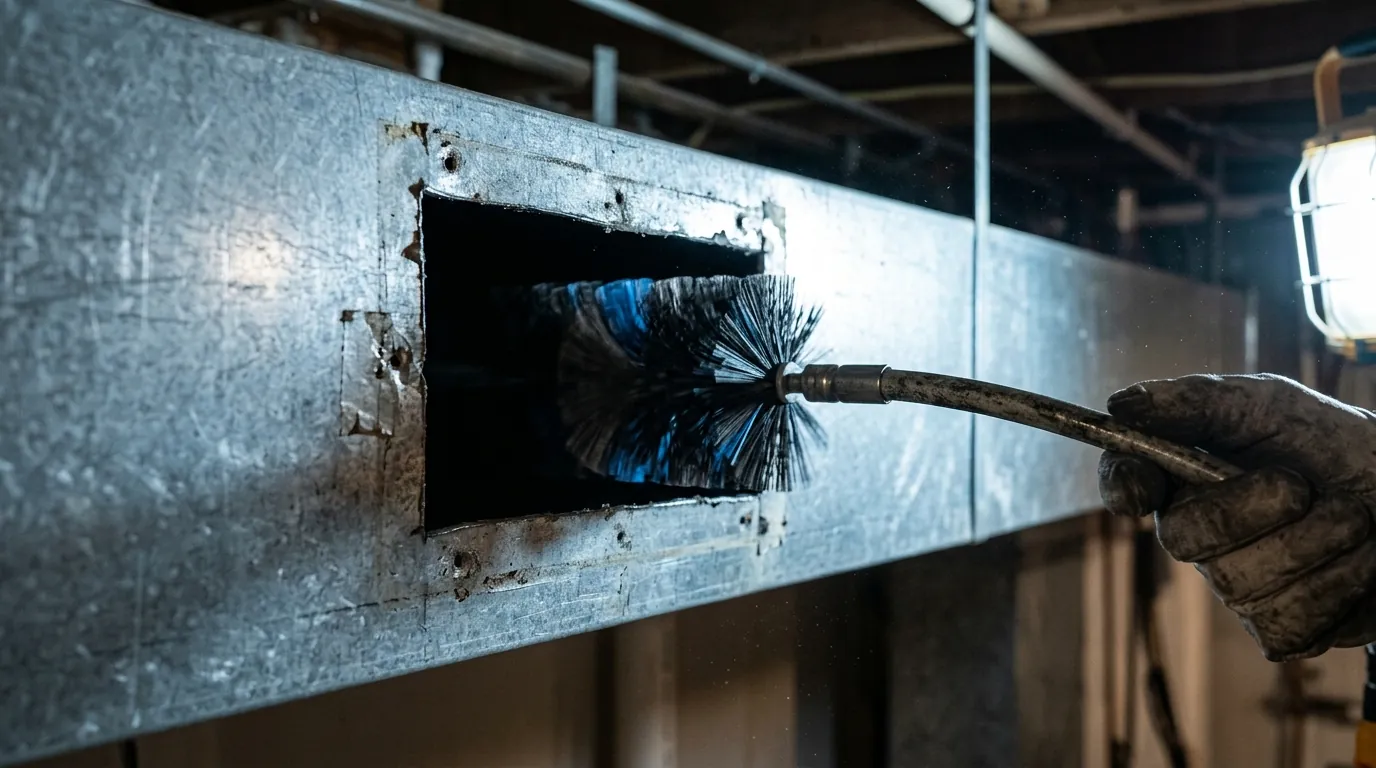 Sheet metal duct being brushed during mold cleaning in Newark