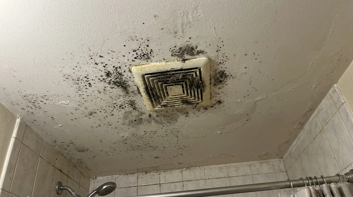 Mold spotting on a bathroom ceiling around an old fan in Newark, NJ