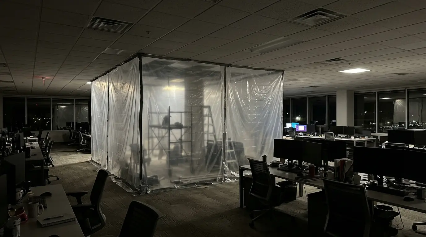 Night work zone sealed off in an occupied Newark office