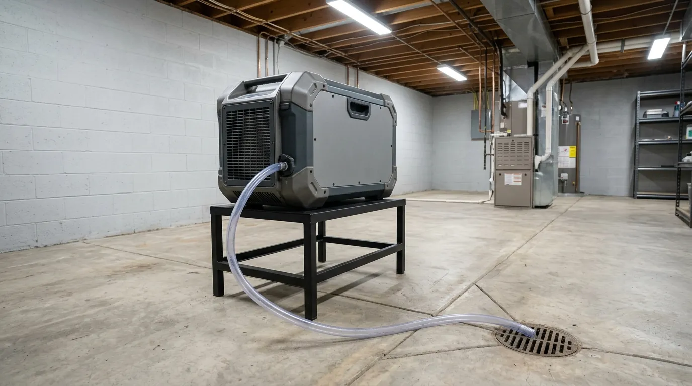 Basement dehumidifier draining to a floor drain in a Newark home