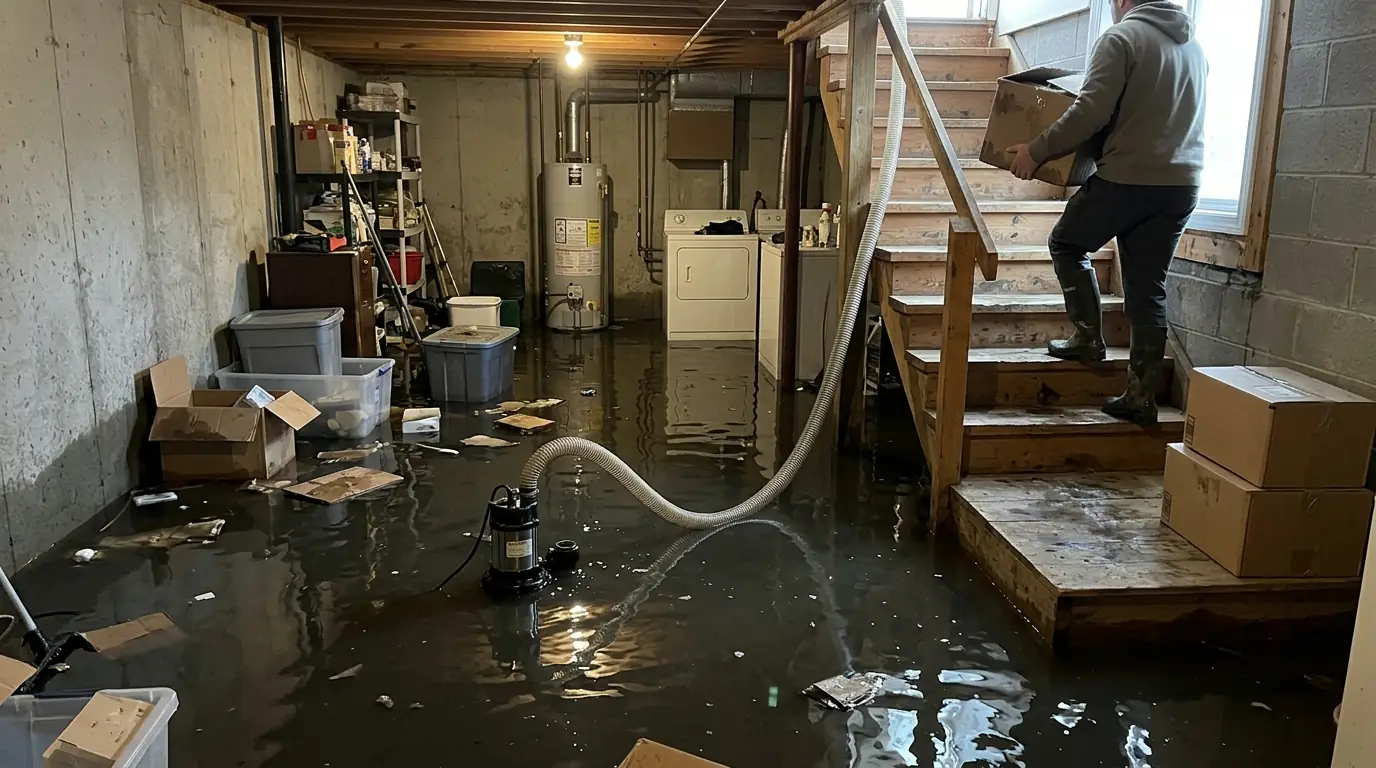Water standing in a basement after heavy rain in New Jersey
