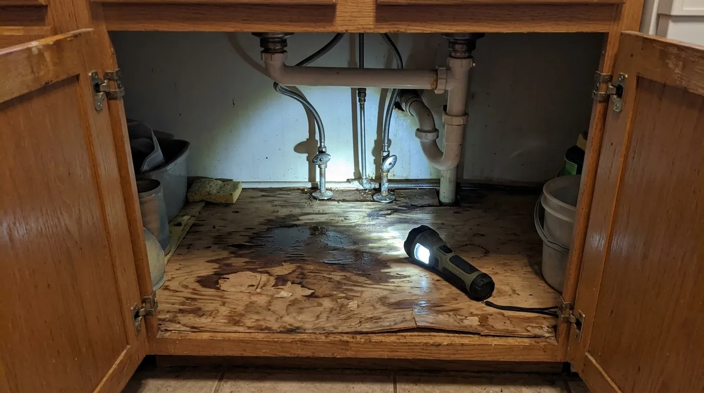 Water-stained sink base cabinet checked for mold in a Newark kitchen