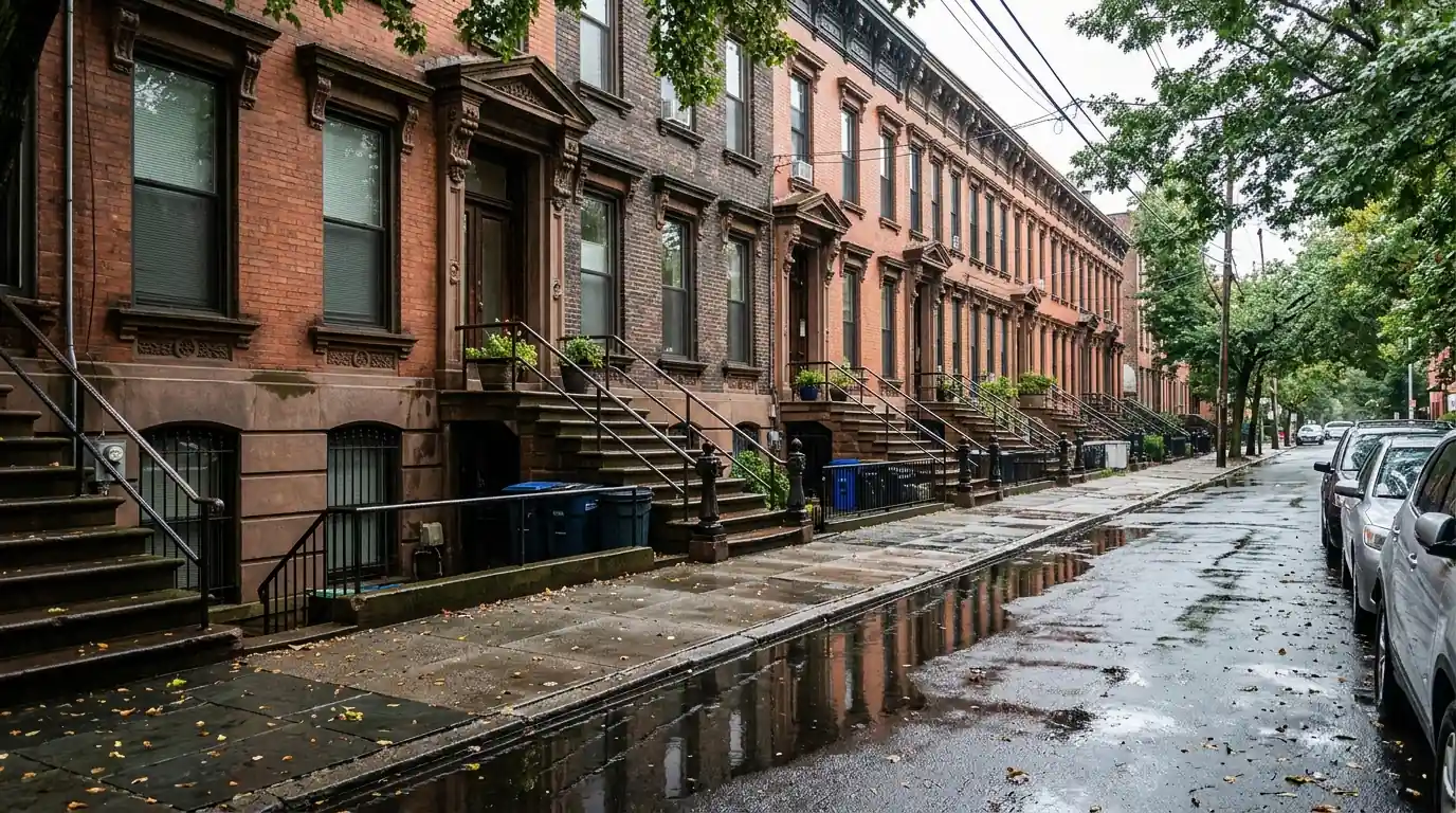 Brownstones with garden-level units on a wet Hoboken street