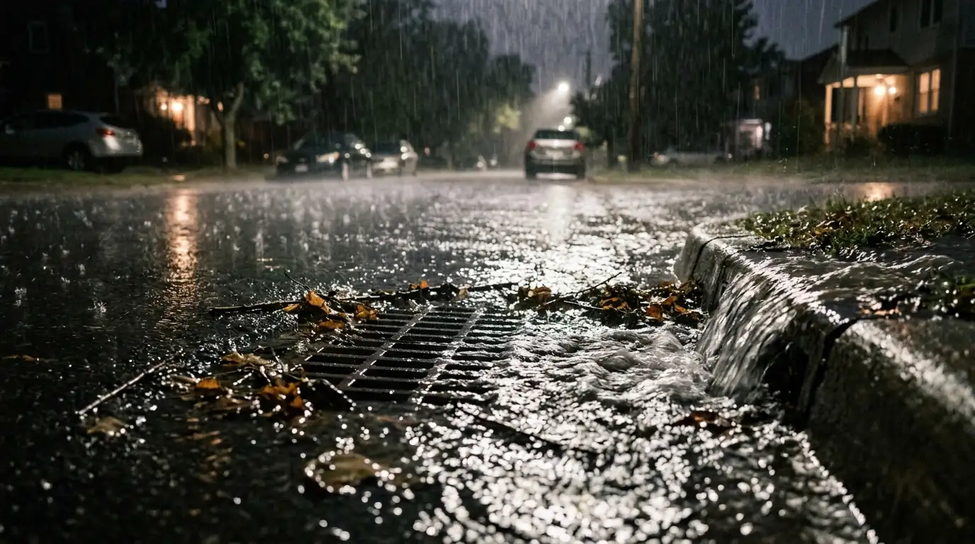 Street flooding over a storm drain during heavy rain in Newark, NJ