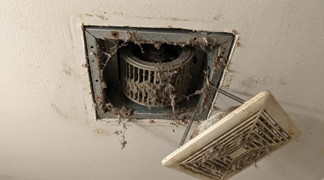 Lint-clogged old bathroom fan removed during a replacement in Newark