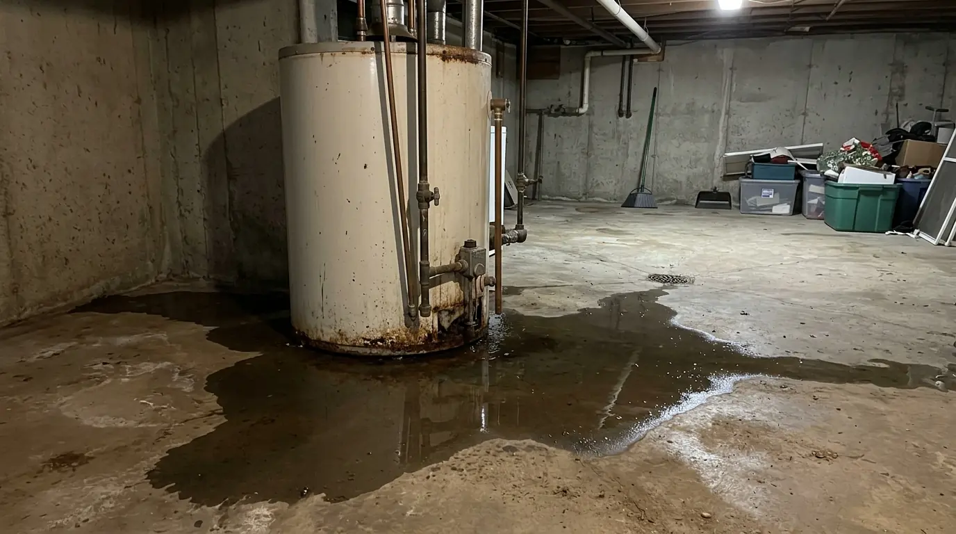 Water heater leak spreading across a utility room floor in Newark